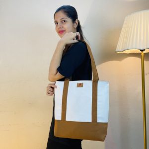 Brown & White Designed Canvas Shoulder Bag