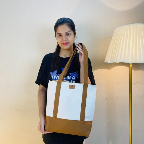 Brown & White Designed Canvas Shoulder Bag - Image 2