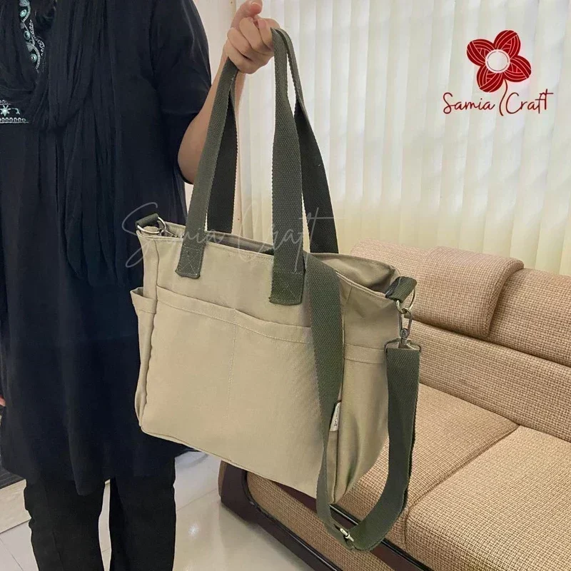 Khaki Color Large Shoulder Bag With Long Strap